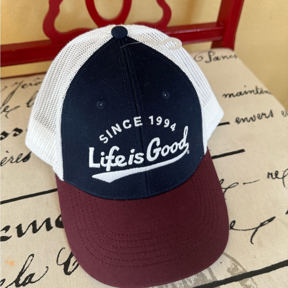 Life is Good Navy and Burgundy Trucker Baseball Adjustable Cap Hat NEW